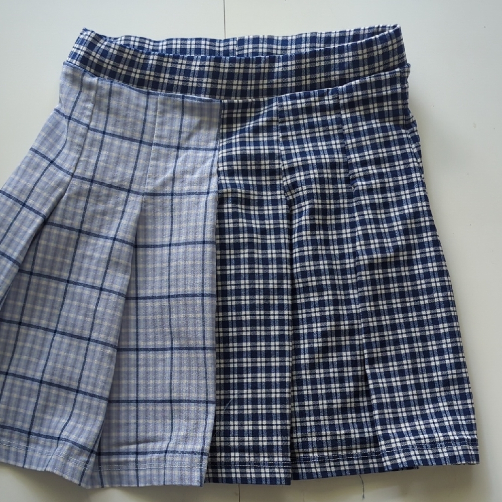 Full Tilt Mixed Plaid Pleated Mini Skirt in Light Blue and Navy